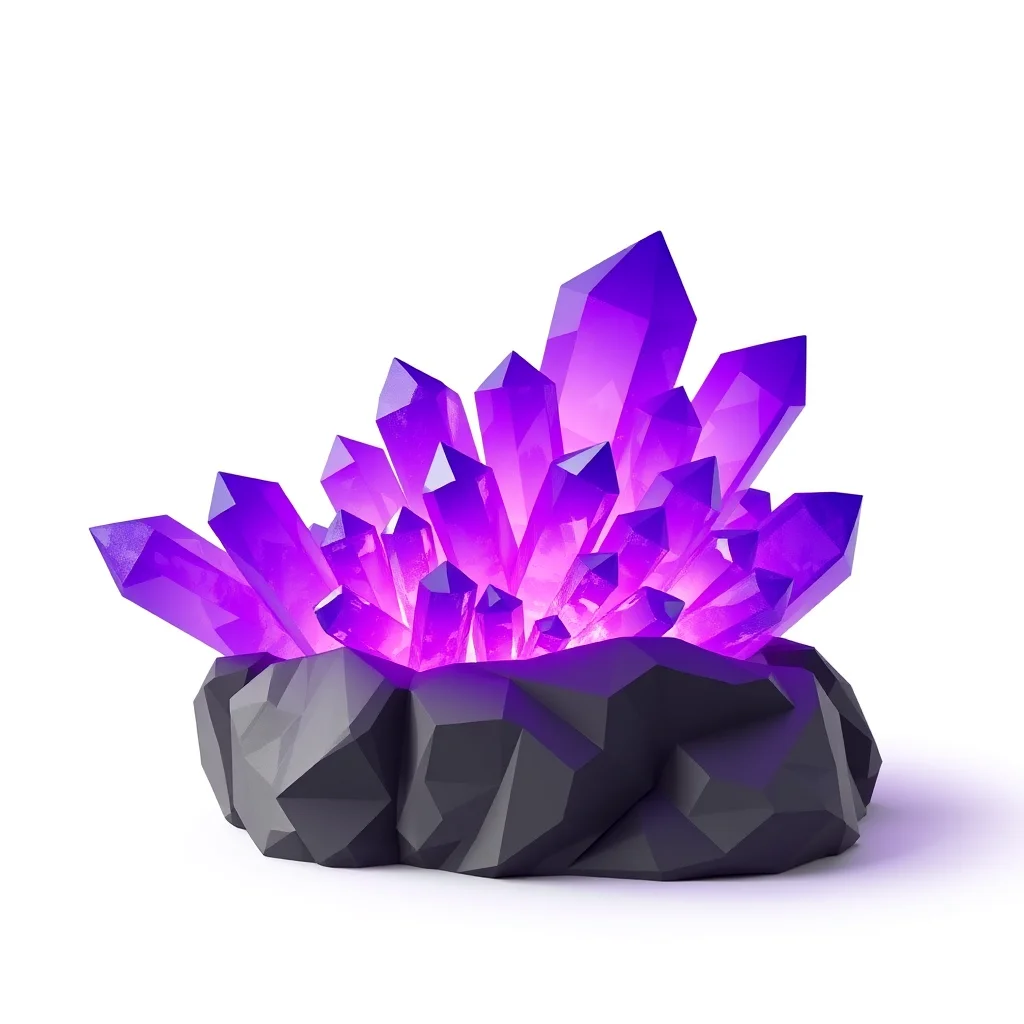 Cluster of glowing purple crystals on rocky base