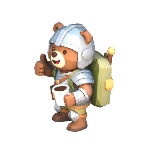 Cheerful cartoon bear adventurer in armor drinking a coffee and giving a thumbs up, huge friendly smile, chibi proportions, low-poly stylized
