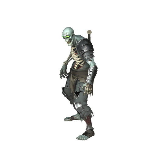 Stylized undead zombie warrior, tattered ripped clothing and torn armor, exposed sculpted rib bones, sunken glowing green eyes, weathered gray-green skin, standing menacing pose, PBR materials, three-quarter view, studio lighting, isolated single subject