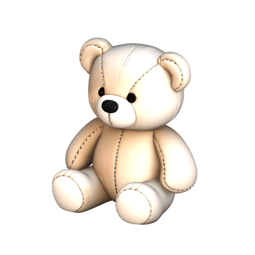 Adorable stuffed teddy bear plushie, soft fabric surface, chunky rounded proportions, embroidered black eyes and stitched nose, visible seam stitching, sitting upright pose, PBR materials, three-quarter view, studio lighting, isolated single subject