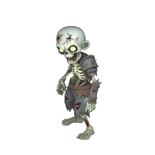 Stylized chibili undead zombie, tattered ripped clothing and torn armor, exposed sculpted rib bones, sunken glowing green eyes, weathered gray-green skin, standing menacing pose, PBR materials, three-quarter view, studio lighting, isolated single subject