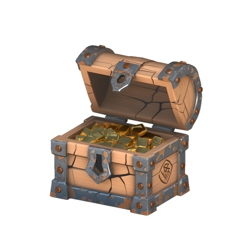 Weathered wooden treasure chest with rusted iron bindings, cracked lid slightly ajar with gold spilling out, ancient runes carved into the side, low-poly stylized