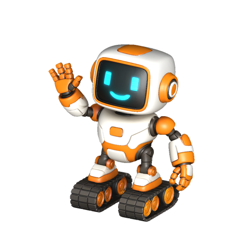 Round friendly robot mascot with square LED screen face showing a smile, chunky white and orange armor, tank treads instead of legs, waving pose
