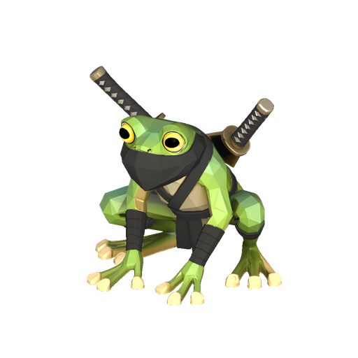 Ninja frog wearing a black mask, dual katanas crossed on back, stealthy crouching pose, big shiny eyes, low-poly stylized
