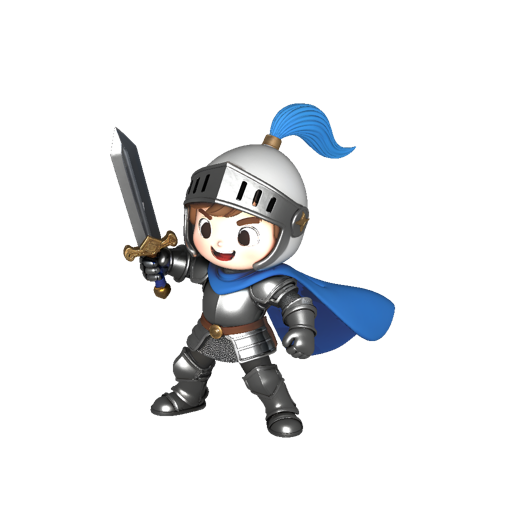 Cheerful cartoon knight in polished silver plate armor with a blue cape, holding a sheathed longsword, determined hero pose, chibi proportions, stylized