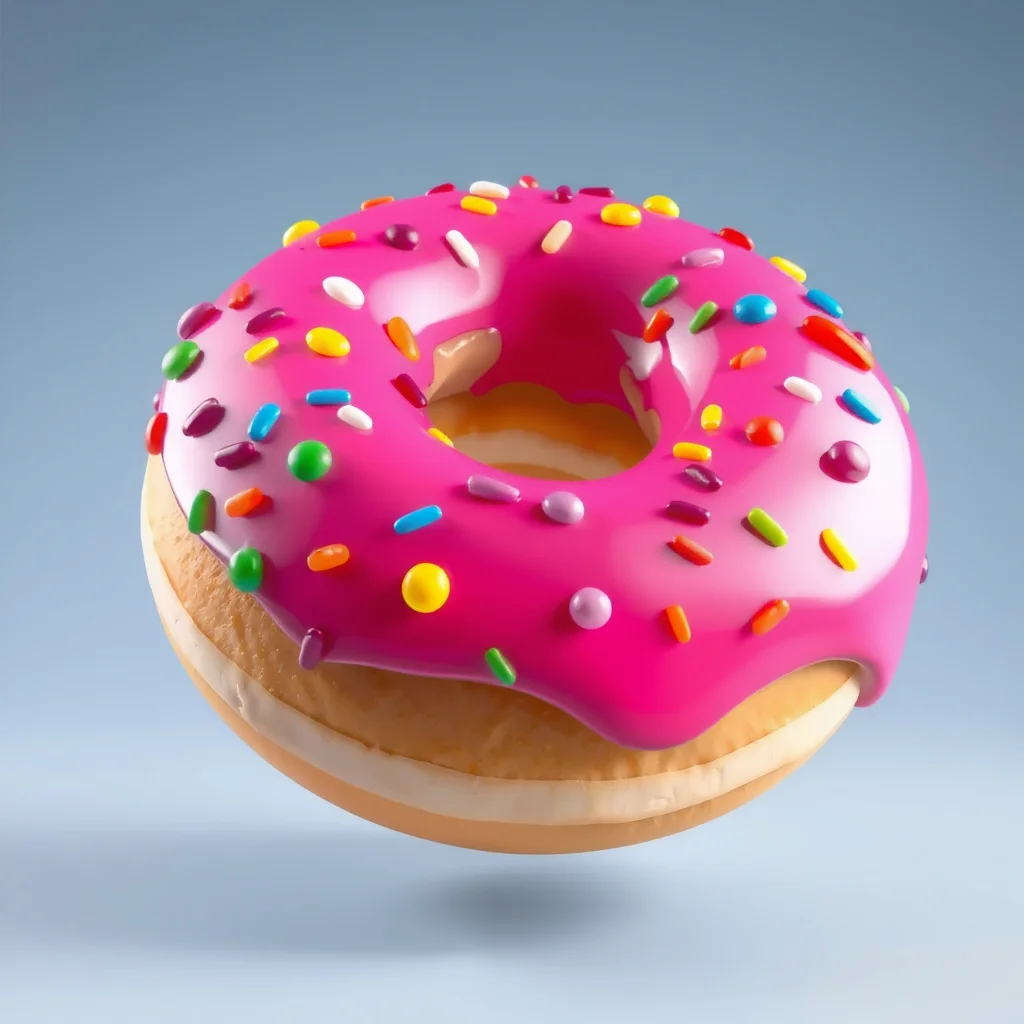 Cartoon stylized donut, oversized bright pink frosting, chunky colorful
  sprinkles, exaggerated proportions, glossy candy-like surfaces,
  playful hero prop, PBR materials, three-quarter view, studio lighting