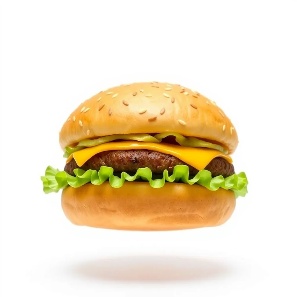 Whole cheeseburger with sesame bun and lettuce